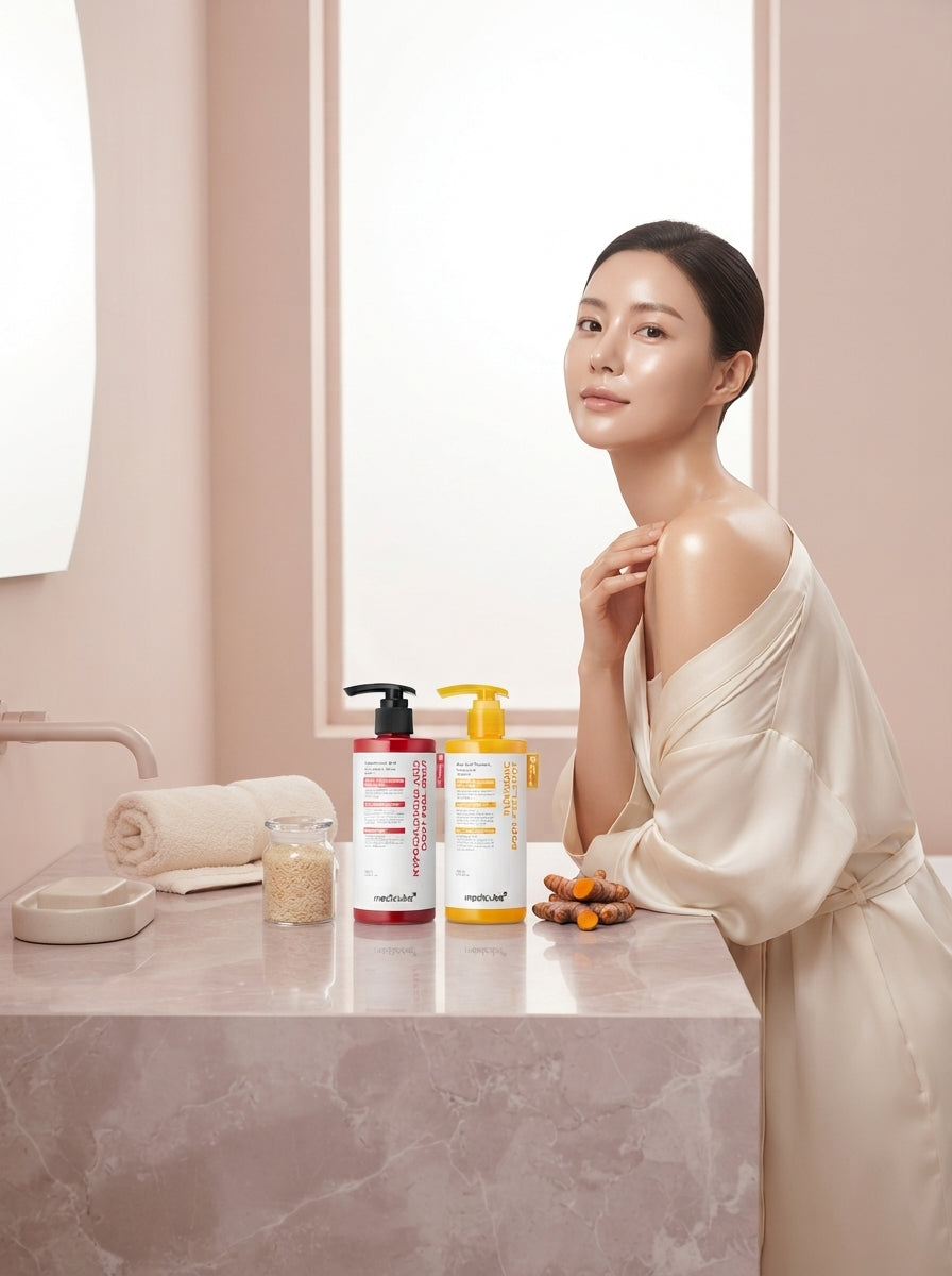 A person with smooth, glowing skin in a minimalist blush and cream colored bathroom with the Medicube Body Peel Shot Duo.
