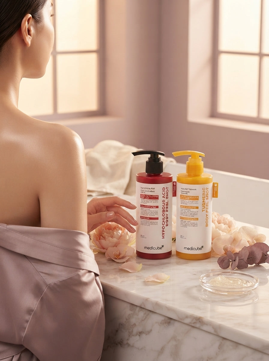 A person with smooth, glowing skin next to the Medicube Body Peel Shot Duo on a warm-toned, elegant surface.